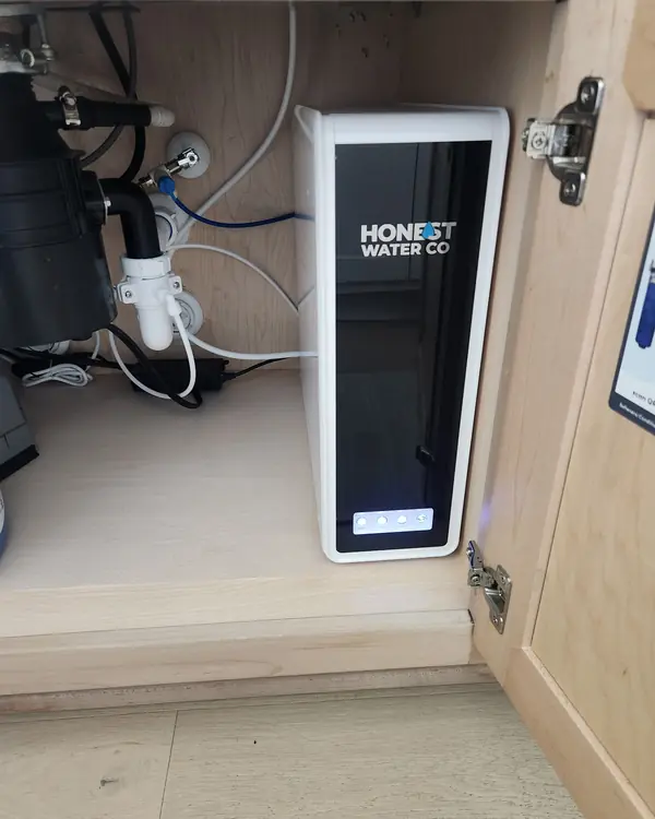 Honest Water Co tankless reverse osmosis system under a kitchen sink